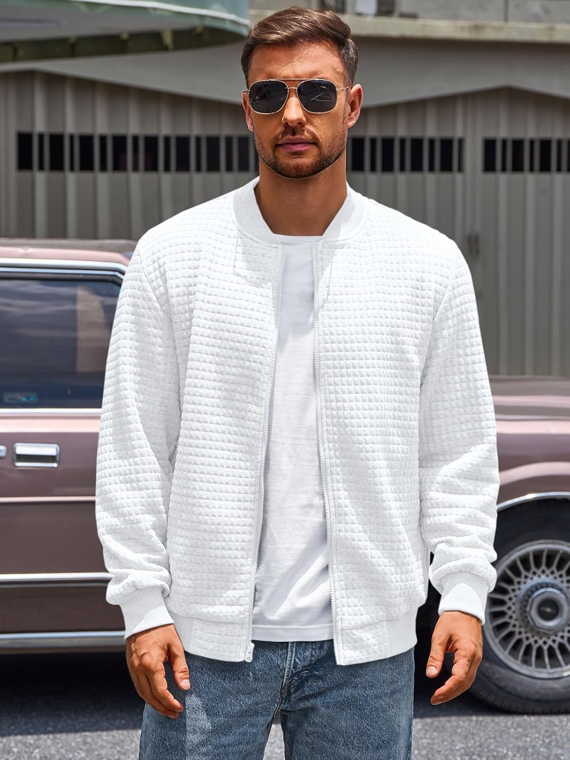 Runcati Mens Bomber Jacket Casual Lightweight Varsity Jackets Waffle Full Zip Coat - Image 2