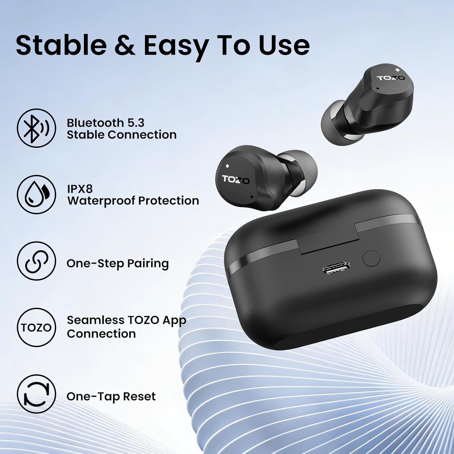 TOZO NC9 Cuffie Bluetooth 5.3 con ANC Ibrido, 6 Mics ENC | Suono OrigX 2.0, 60 Ore Modalità Trasparente, IPX8, Ricarica USB-C, Comode e Facili da Usare per Lavoro, Gioco e Commuting