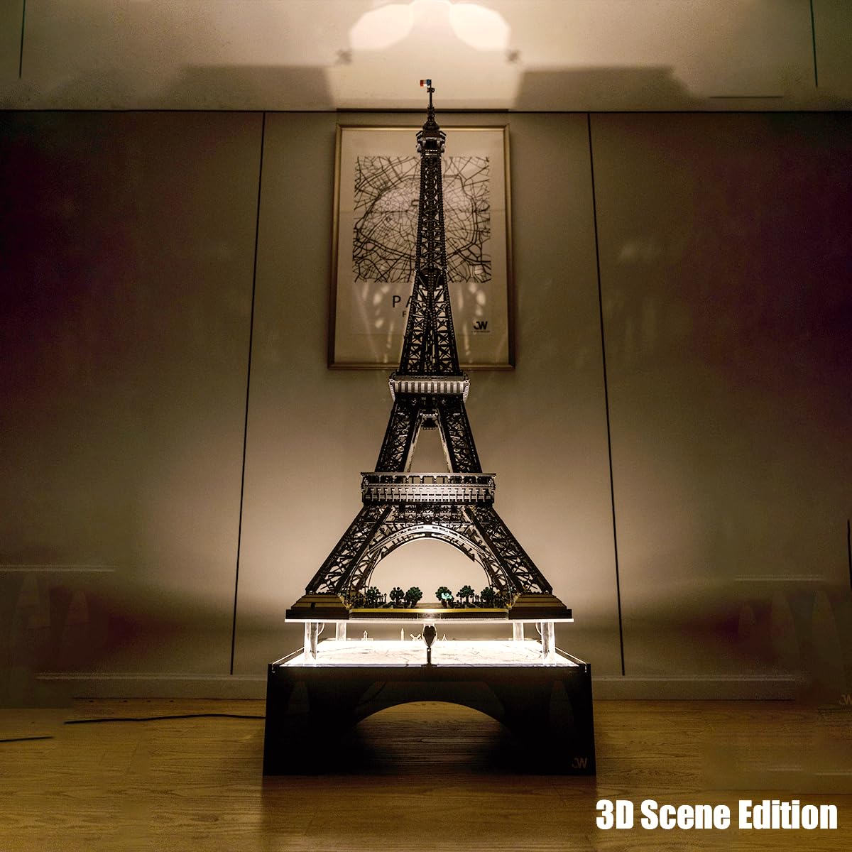 J.WOO Studio Premium stojak ekspozycyjny LED do Lego 10307 Wieża Eiffla (pasuje do 10001 szt., model 59 cali), akrylowy stojak kolekcjonerski z czterostronnymi reflektorami i ekskluzywną grawerowaną