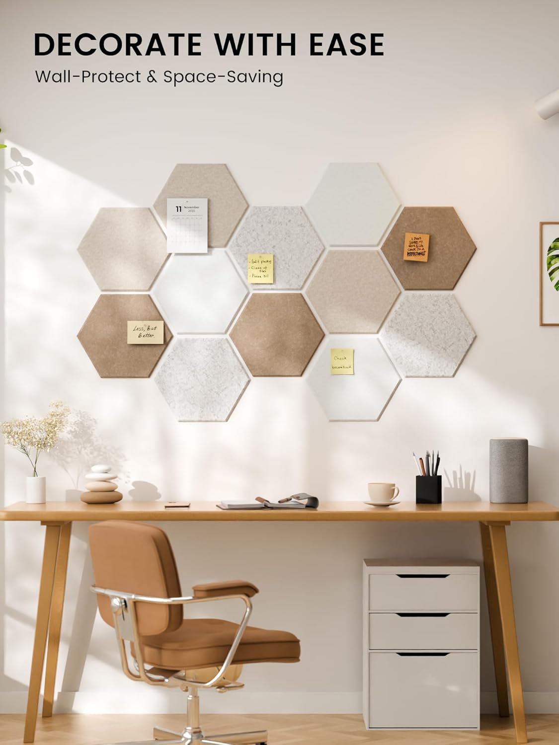 Fluxynara Hexagon Cork Board Alternative for Walls Decor-12-Pack Felt Bulletin Board Tiles,with 30 Pushpins,70 Adhesive Tabs for Office,Classrooms & Home Pin Board Felt Board-Stone Beige
