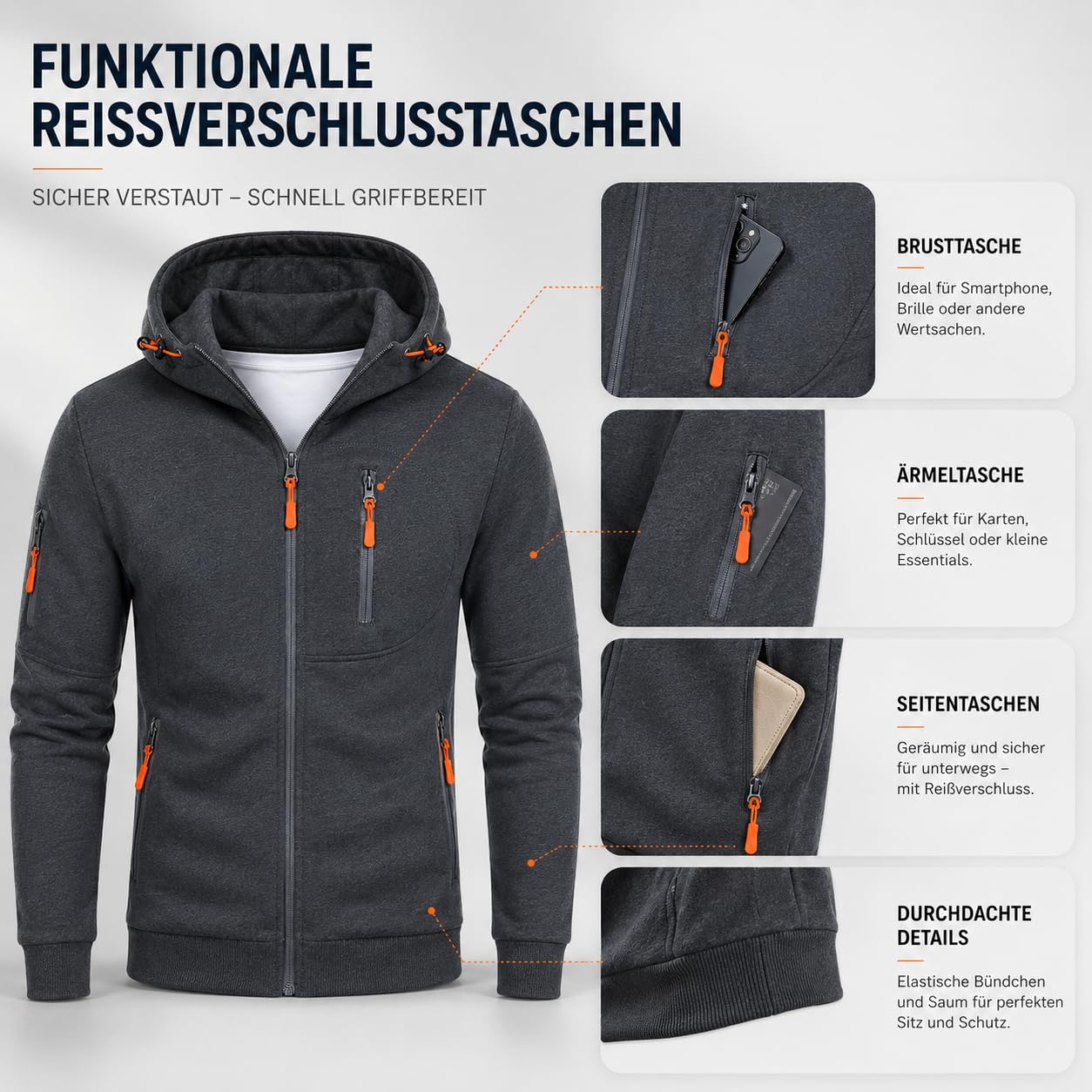 Sweatjacke Herren Hoodie Mit Kapuze Leichte Sweatshirt Jacke Langarm Sport Kapuzenjacke Kapuzenmantel Casual Oversized Sportjacke Übergangsjacke Jogging Einfarbig Outdoorjacke Mit Reißverschluss