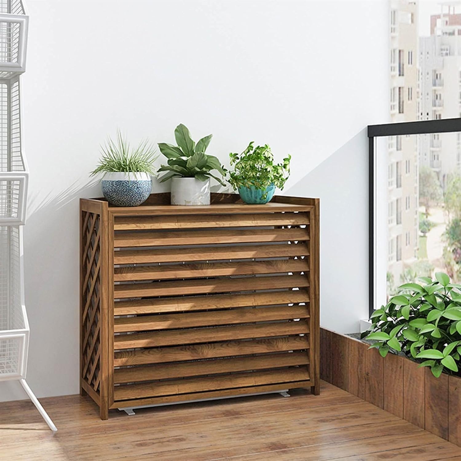 Support de fleurs extérieur et cache-climatiseur bois pour balcon fleuri