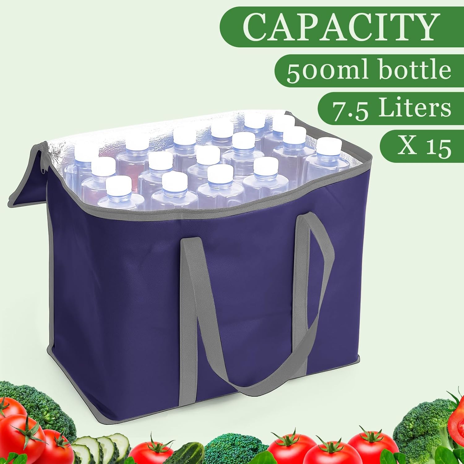 Kenning 15 Pcs Large Insulated Reusable Grocery Bags with Sturdy Zipper and Handles Foldable Washable Cooler Totes Heavy Duty Hot or Cold Food Delivery Bag for Food Transport Travel Lunch (Navy Blue) image 4