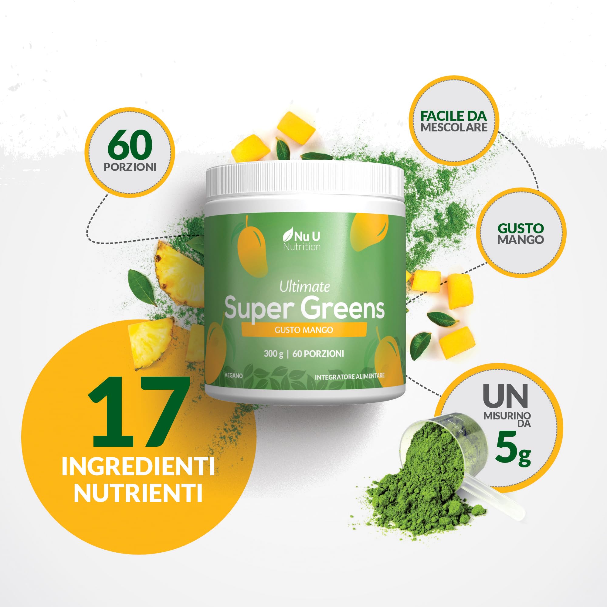 Super Greens | Mango | Polvere 300g – 17 Ingredienti Superfood Attivi – 60 Porzioni – Con Inulina, Spirulina, Clorella, Radice di Maca – 100% Vegano – Nu U Nutrition