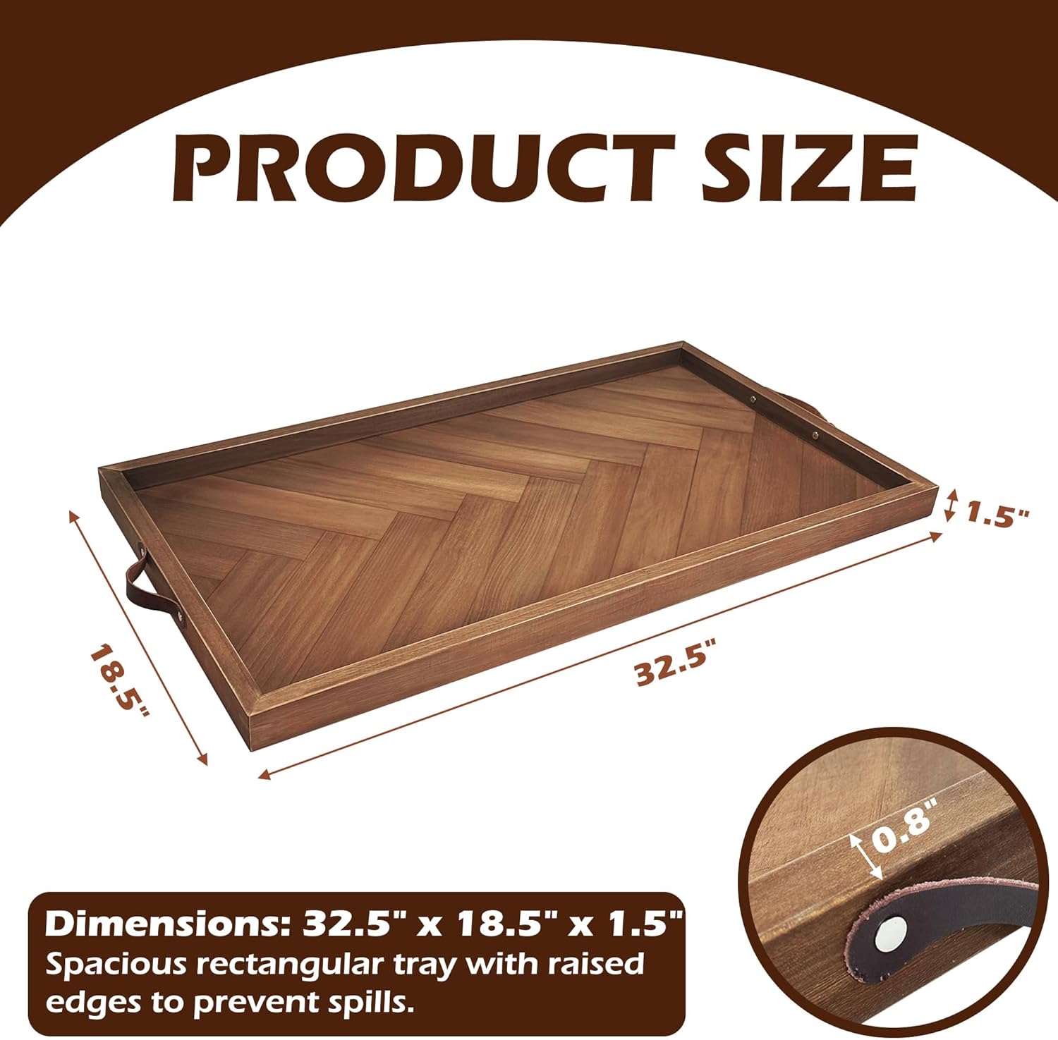 Extra Large Ottoman Tray Rectangle, 32.5"x18.5" Wooden Ottoman Trays with Leather Handles, Rustic Decorative Storage Tray for Ottoman