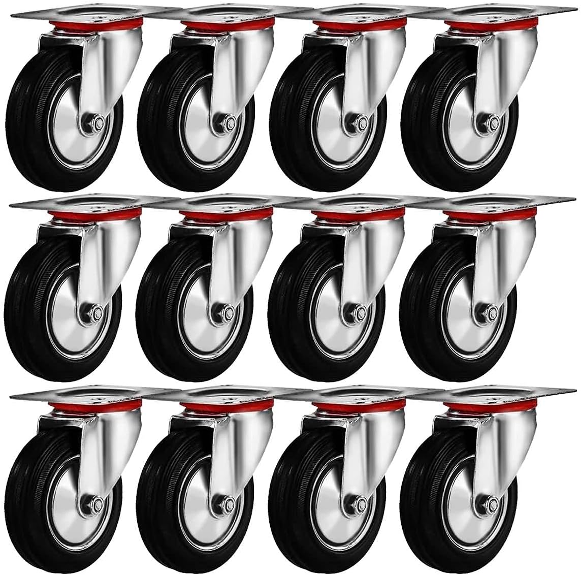 12 Pack 3" Swivel Caster Wheels Rubber Base with Top Plate & Bearing Heavy Duty (12 Pack - no Brake)