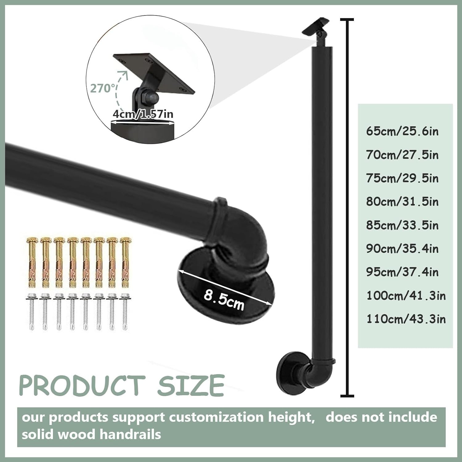Indoor Stair Railing Deck Balusters Columns for Outdoor Steps Side Mount, Stair Banister Posts with Screws Kit, Metal Porch Railing Spindles - 270° Adjustable(85cm(33.5in))