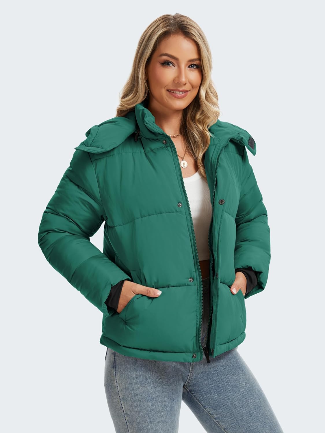 Funlingo Women's Cropped Puffer Jacket with Removable Hood Winter Zip Up Snap Button Warm Trendy Quilted Coat - Image 3