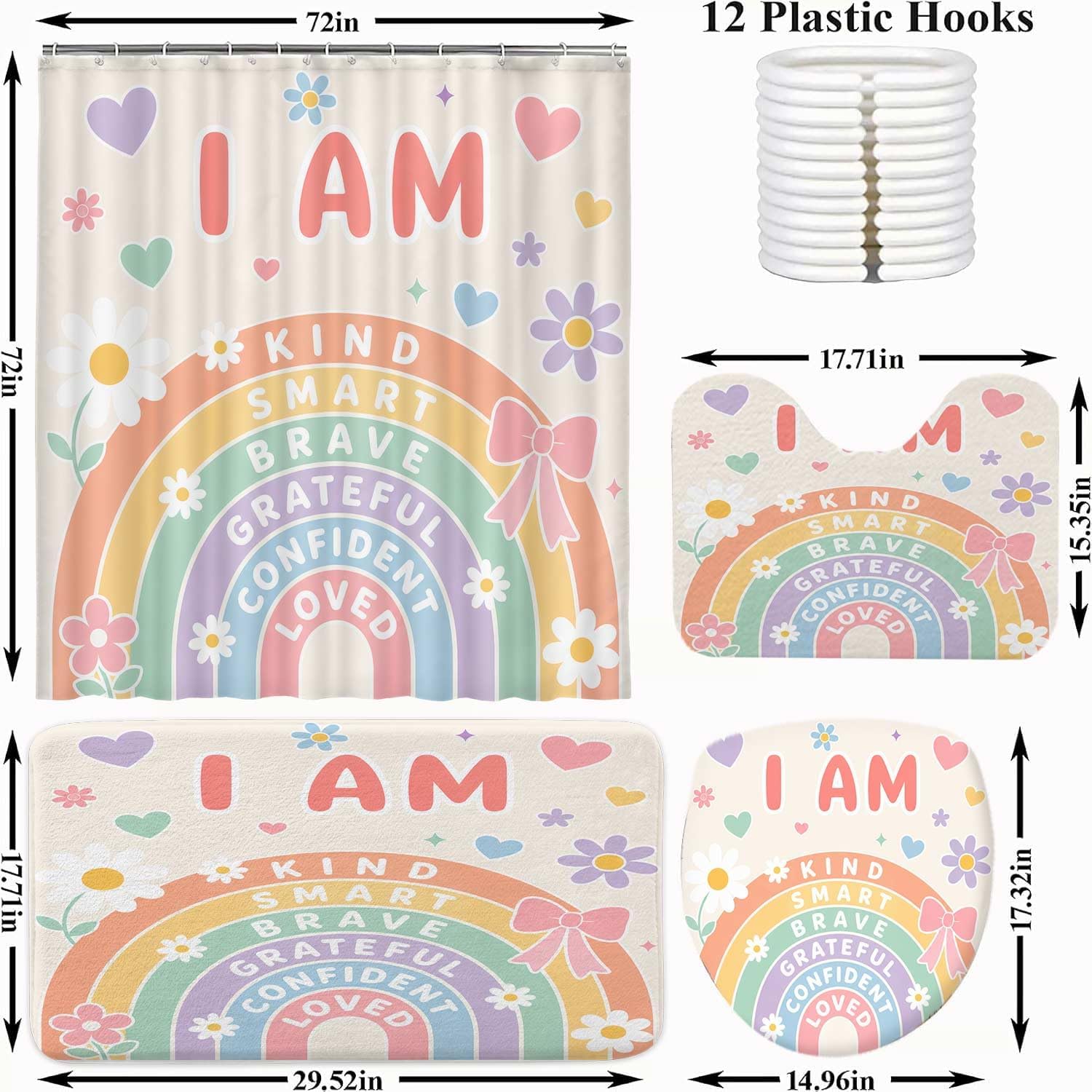 4 Pcs Girls Rainbow Bathroom Decor, Cute Colorful Flower Positive Inspirational Floral Shower Curtain Sets, with Non-Slip Rugs and Accessories, Shower Curtain with Hooks image 2