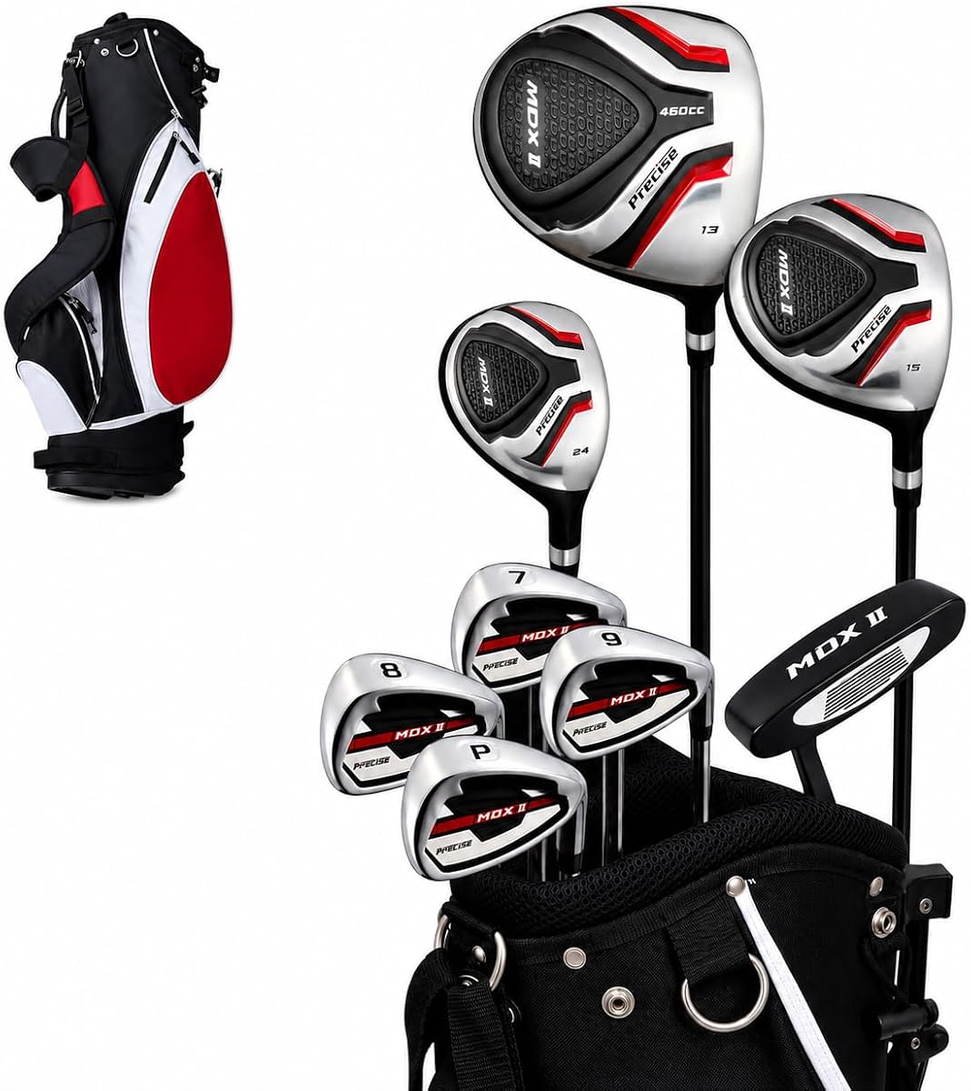 Precise MDX II - Juego completo de palos de golf para adolescentes | Driver de titanio, híbrido de acero inoxidable, hierros con cuña, Putter, bolsa con soporte, fundas para cabeza, edades 13-16, izquierda/derecha