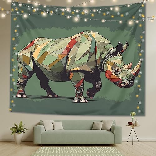 THYUNQ Tapiz de rinoceronte para colgar en la pared, tapiz de animales para estética de dormitorio, tapices de arte geométrico verde, tapastry de