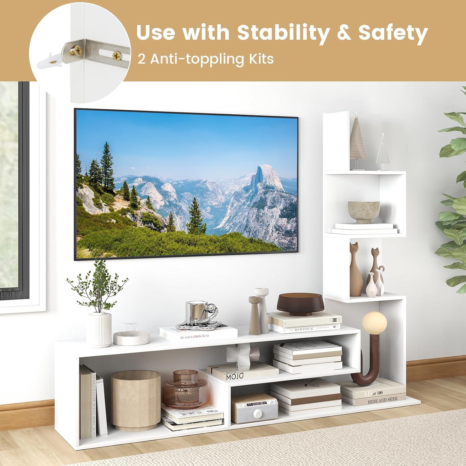 Giantex Small WhiteTV Stand for 32-50 Inch TV, L-Shaped Entertainment Center with Storage & 3 Tier Bookshelf, Wood Television Stands, Modern TV Console Table for Living Room, Bedroom