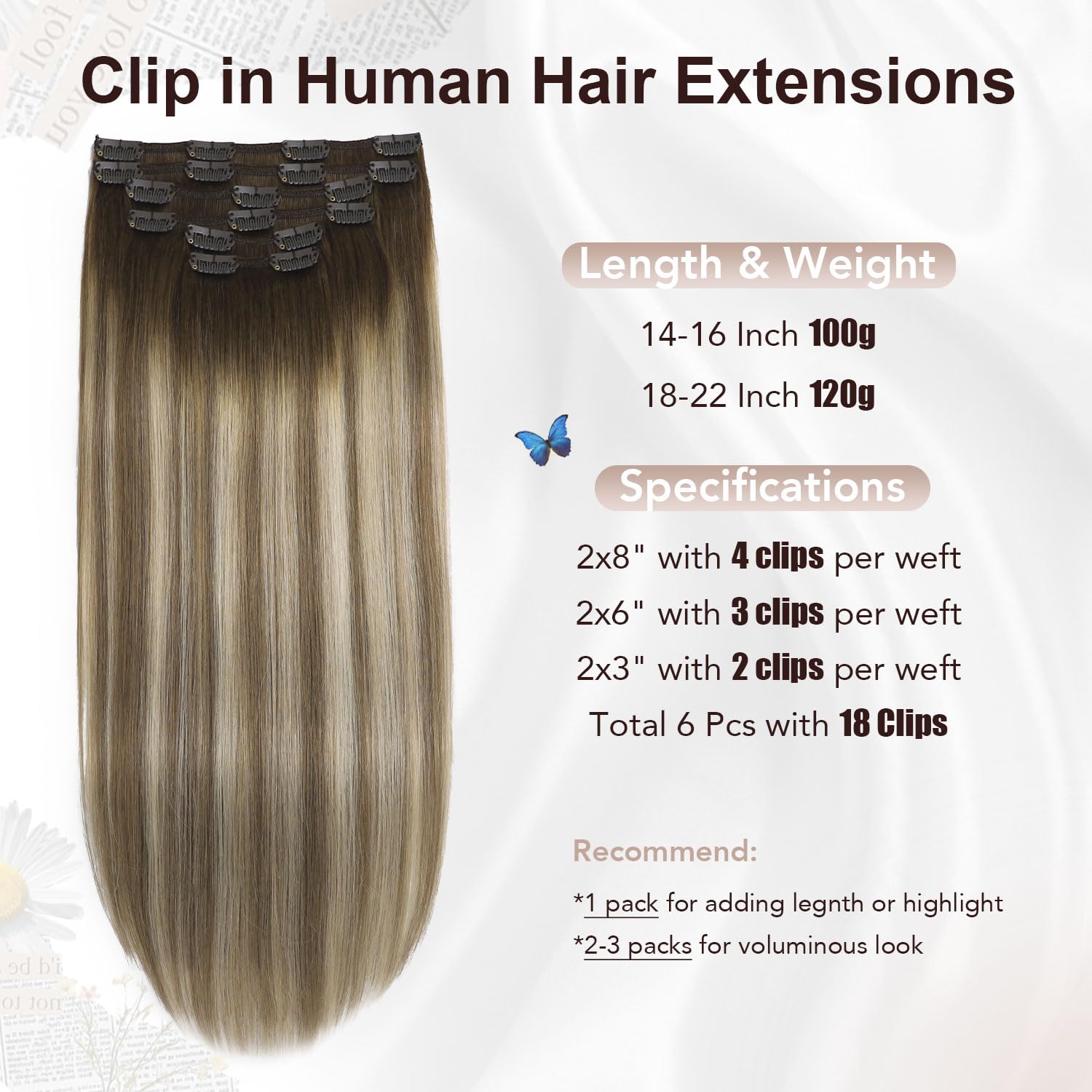 XDhair Extension Cheveux Naturel Clip 35cm 6pcs 100g Brun Noisette à Brun Cendré et blond cendré Extention de Cheveux Humains Vrai Cheveux #3/8/22 14pouces