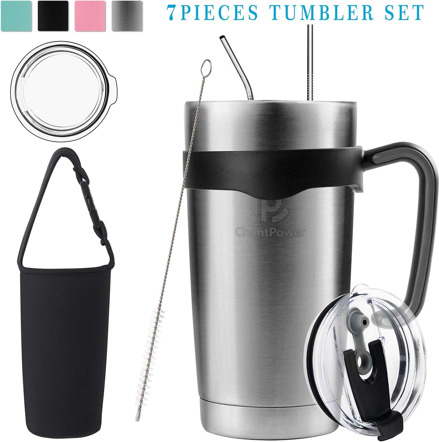 CHANTPOWER Coffee Travel Mug, 20oz/30oz Travel Coffee Mug Set for Cold & Hot Drinks. Double Wall Stainless Steel Vacuum with Splashproof Lids, Straws, Brush, Handle, Tumbler Sleeve and Ice Mold.