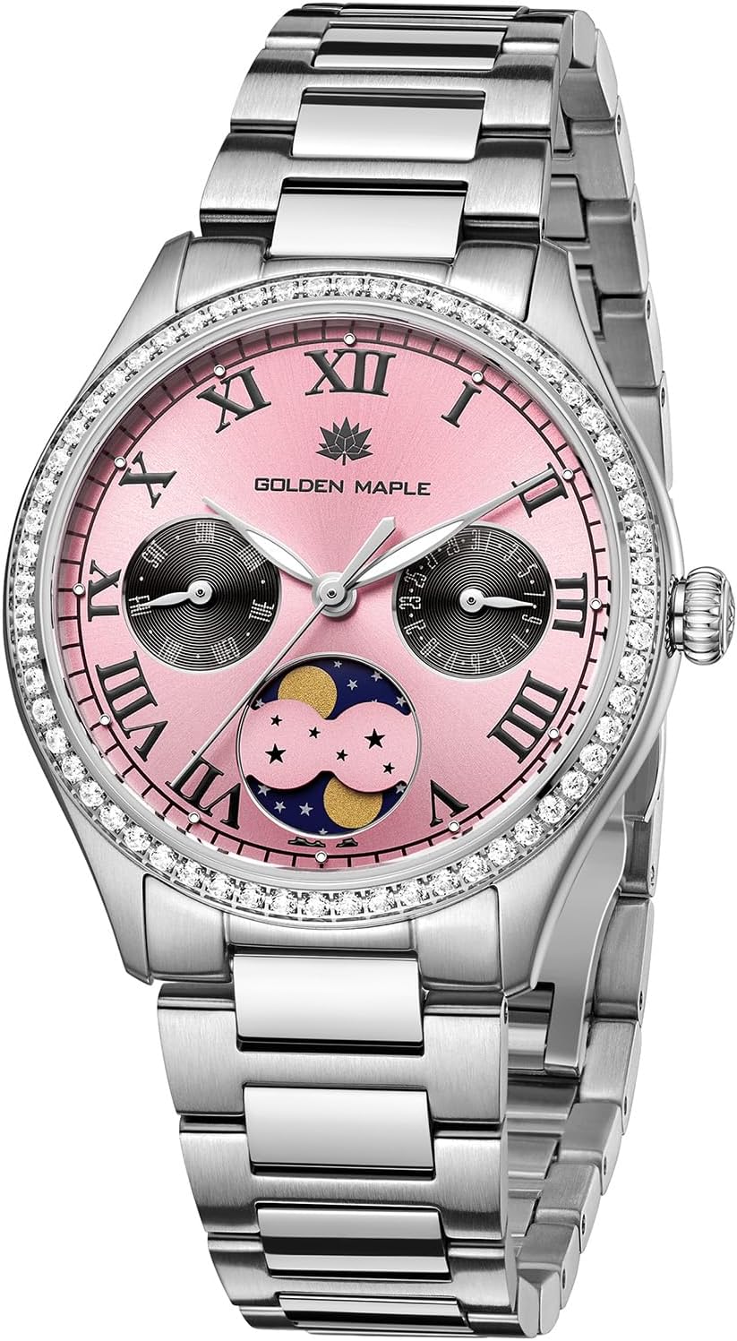 GOLDEN MAPLE Luxury Two-Tone Watch, Crystal Bezel, Moon Phase Dial, Roman Numerals, Silver and Gold Stainless Steel Band