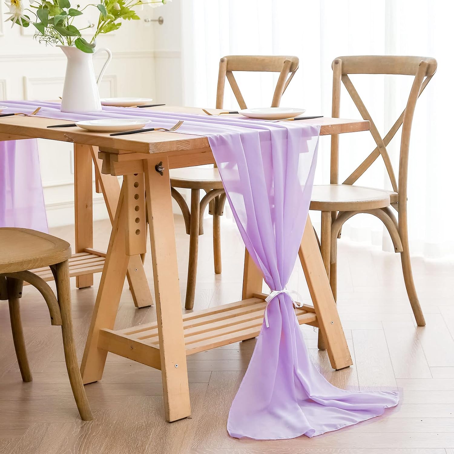Homease Chiffon Table Runner 29x 120 inches for Romantic Wedding Party Bridal Shower Baby Shower Birthday Decoration, Rustic Sheer Table Decor 10ft Long Comes with Ribbon, Light Purple