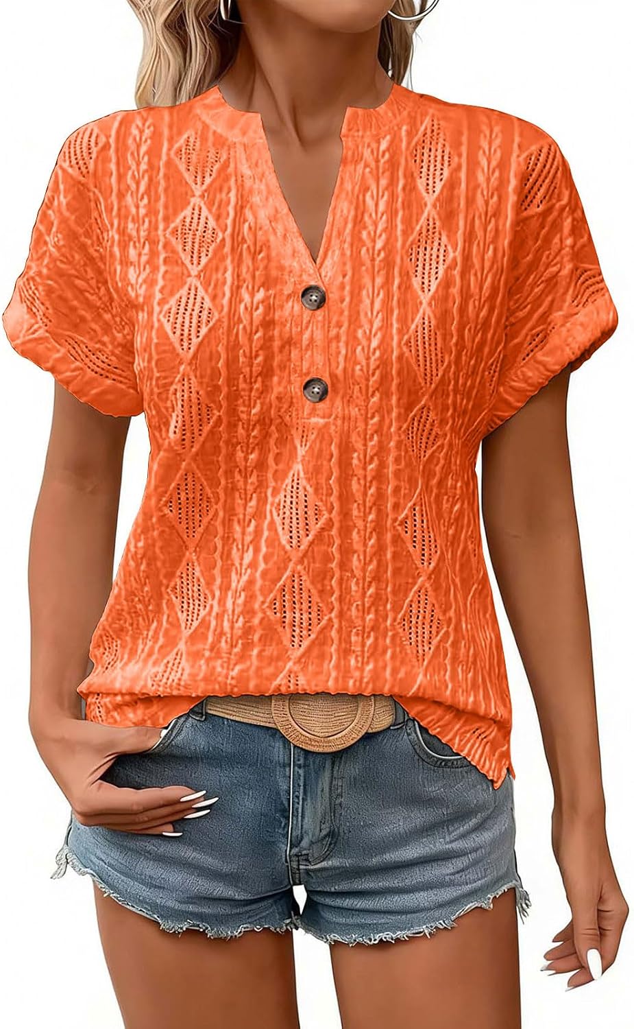 Women Casual Tops Short Sleeve Henley Button V Neck Loose Fit Dressy Blouse Summer Spring Fashion Shirts Outfits