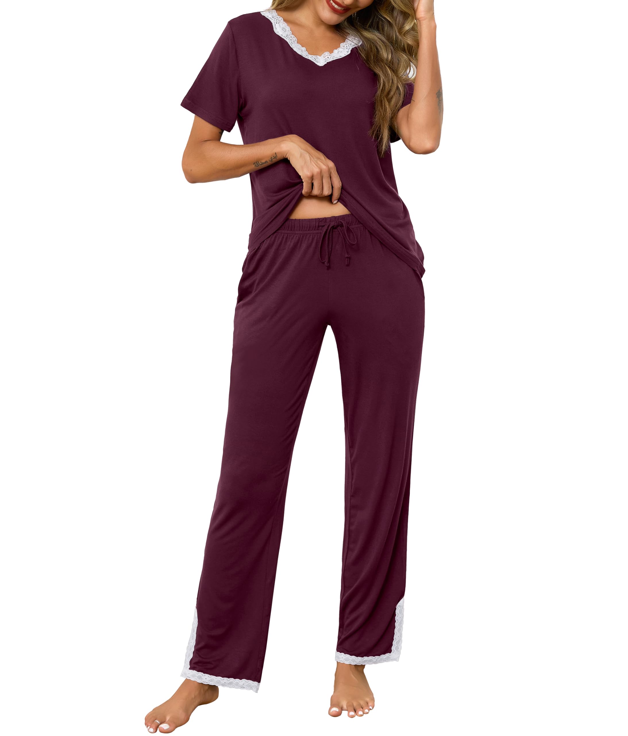 Lovasy Schlafanzug Damen Lang Kurzarm Pyjama Set V-Ausschnitt Spitzen Schlafanzüge für Damen Loungewear Hausanzug