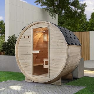 Outdoor Sauna Fasssauna Speyer aus Fichtenholz – Saunafass Komplettset mit Saunaofen, LED Beleuchtung & Zubehör – Gartensauna (M - 120x191)