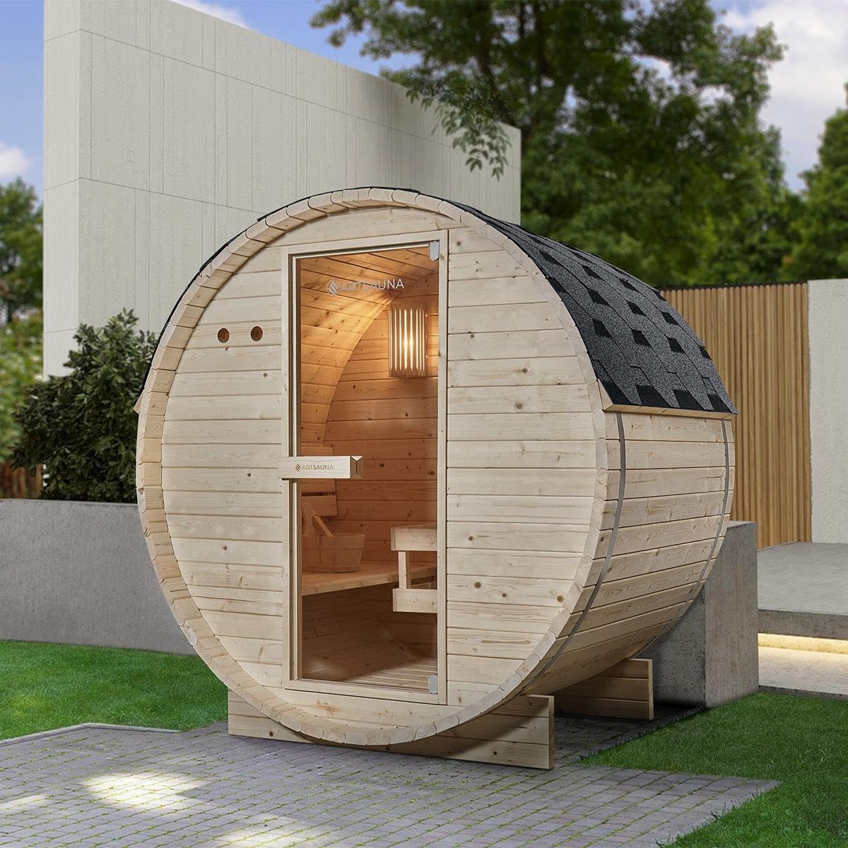 Outdoor Sauna Fasssauna Speyer aus Fichtenholz – Saunafass Komplettset mit Saunaofen, LED Beleuchtung & Zubehör – Gartensauna (M - 120x191)