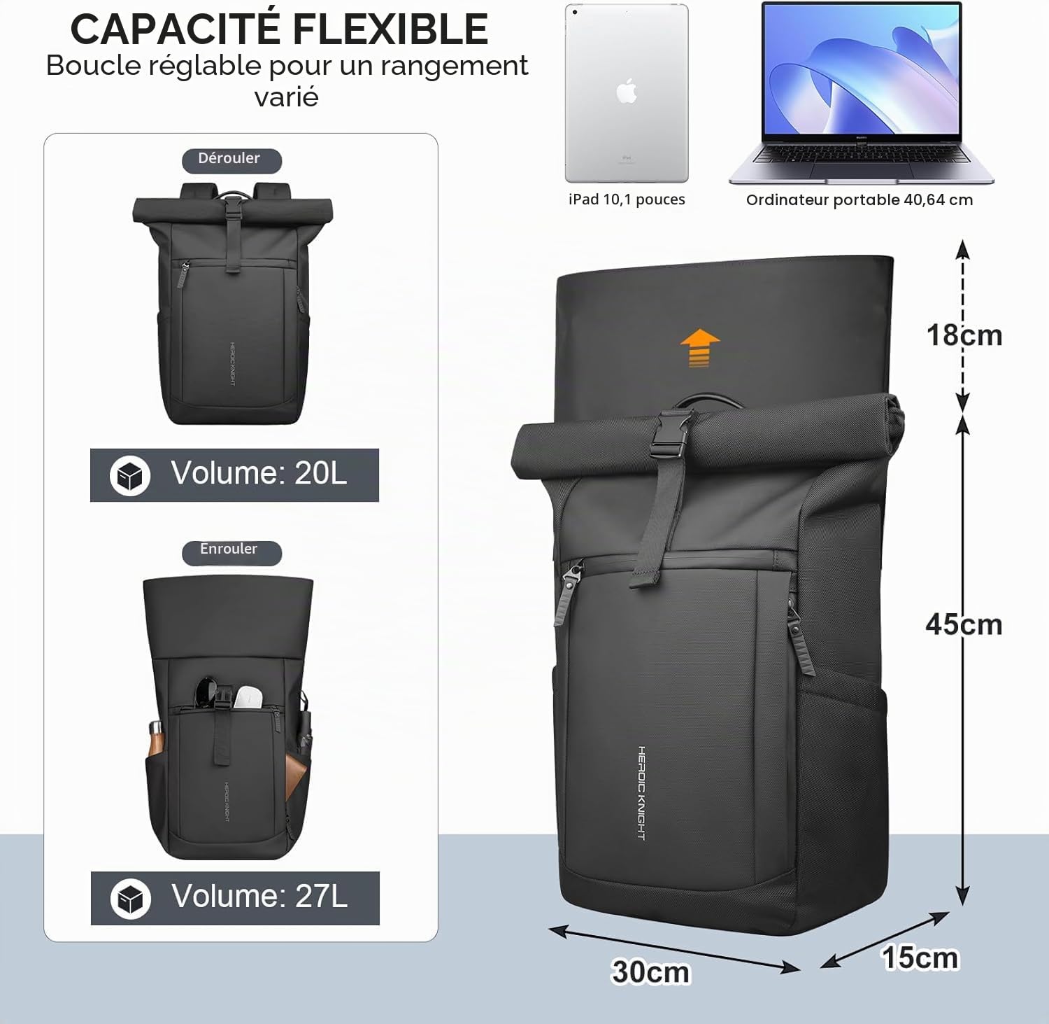 hk Sac à Dos Rolltop Imperméable Sac à Dos Ordinateur Portable 16 Pouces | Sac à Dos Extensible 27L Grande Capacité avec Compartiment Accès Rapide pour Travail Voyage Université Cyclisme Camping