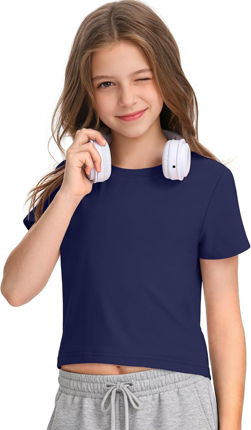 HASMES Girls Crop Tops Athletic Short Sleeve Round Neck Basic Tees for Kids 7-14Y