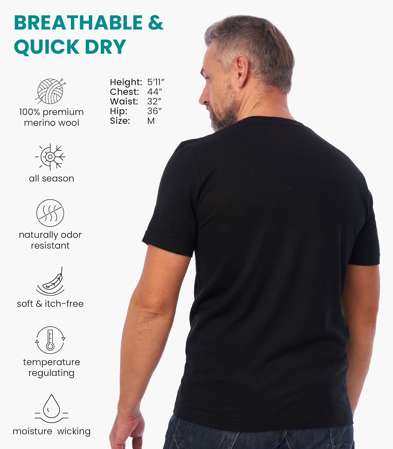 Merino Wool T-Shirt Mens - Short Sleeve Merino Wool Shirts for Men Sport Lightweight Thermal Base Layer Hiking Tshirt - Image 2