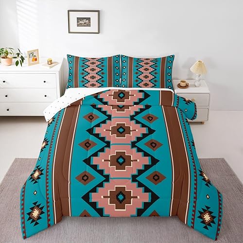 Feelyou Juego de edredón bohemio azteca para niños, tamaño individual, juego de ropa de cama de color marrón verde azulado para niños y niñas,