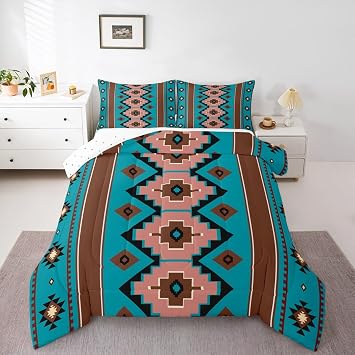 Feelyou Boho Aztec Kids Comforter Set Twin Size West Bedding Set Teel Brown Duvet Quilt for Kids Boys Girls Bedroom Western Decor Microfiber Ultra Soft Breathable