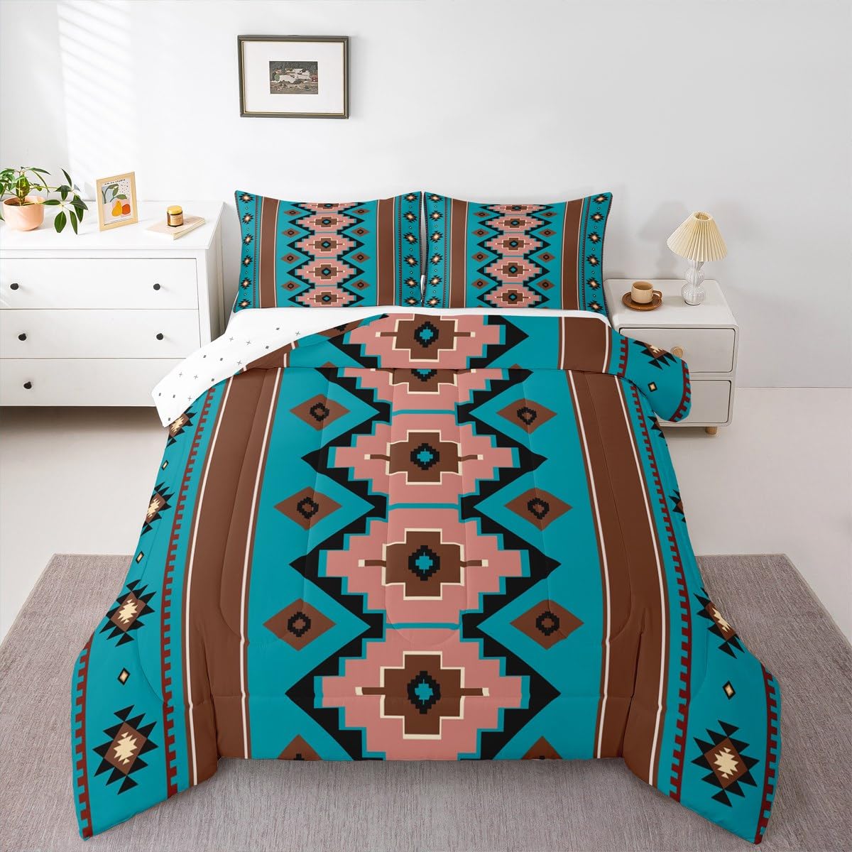 Feelyou Boho Aztec Kids Comforter Set King Size West Bedding Set Teel Brown Duvet Quilt for Kids Boys Girls Bedroom Western Decor Microfiber Ultra Soft Breathable