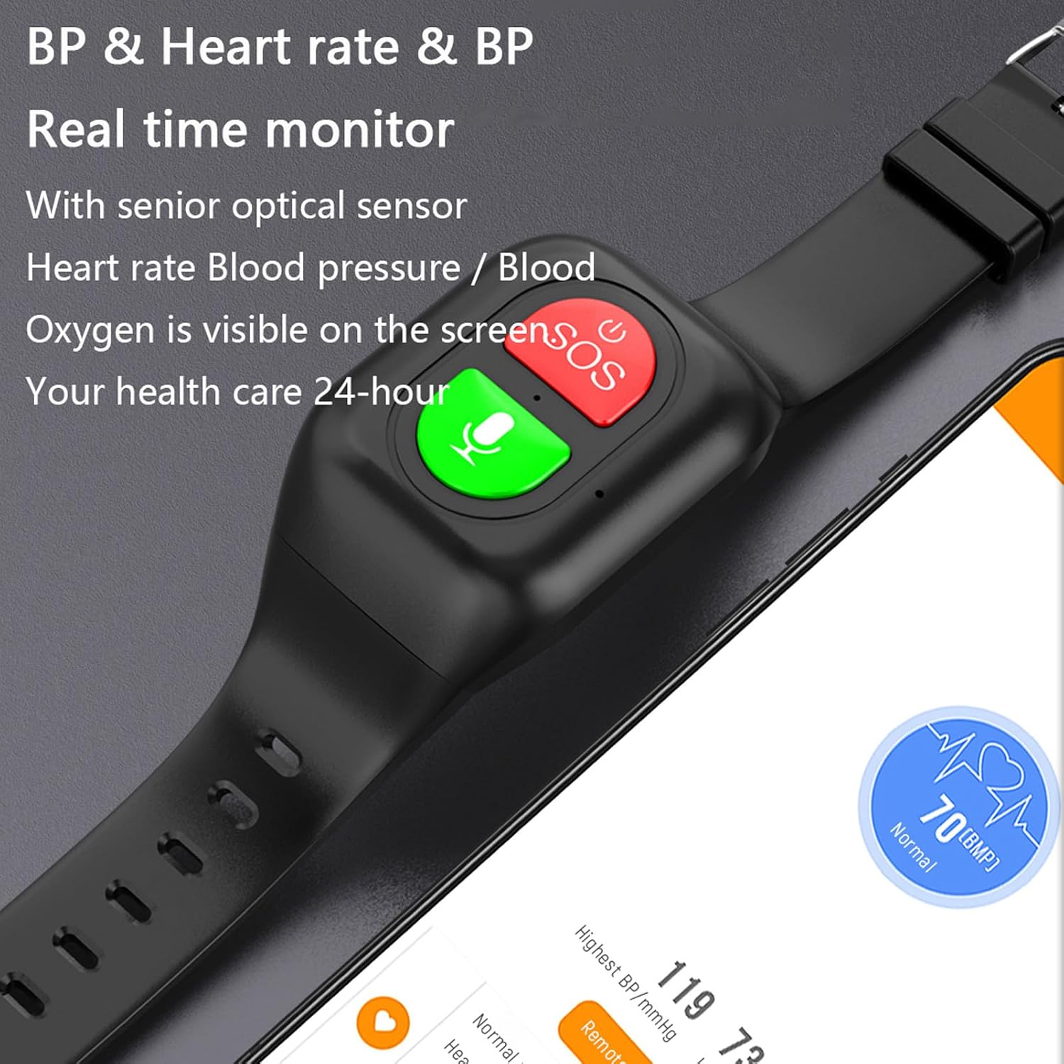 Weyot Smartwatch displaying heart rate and blood pressure readings on its screen, with a smartphone showing detailed health data