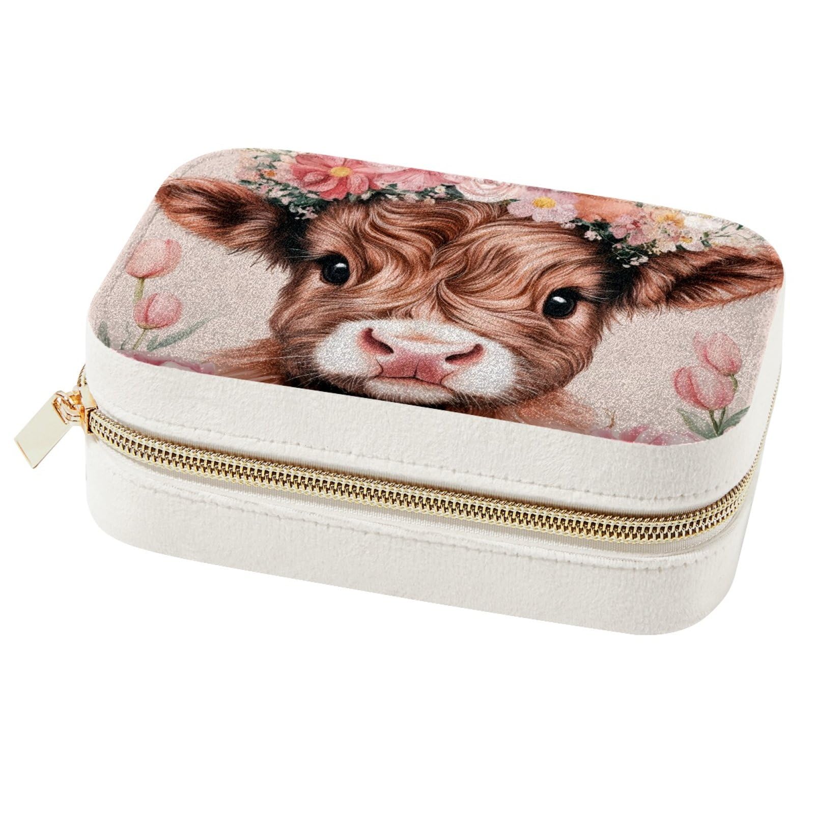 Coffret bijoux vache des Highlands avec fleurs roses pour rangement bagues et puces