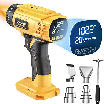 LIVOWALNY Heat Gun Compatible with Dewalt 20v BatteryTool Only | 350W Cordless Battery Powered Heat Gun 122F1022F Temperature Heat Shrink Gun LED Digital Display for Shrink Tubing DIY