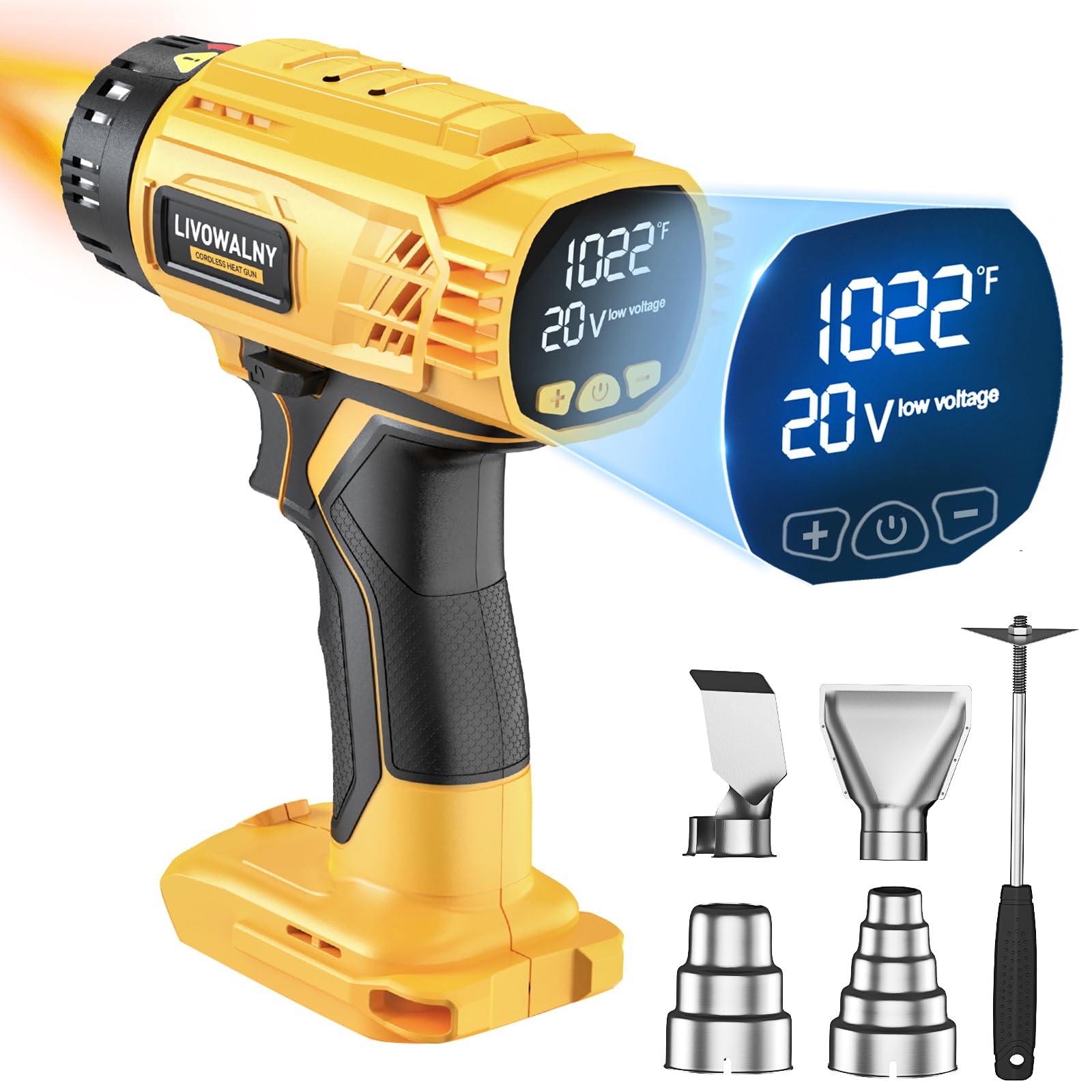 LIVOWALNY Heat Gun Compatible with Dewalt 20v Battery:350W Cordless Battery Powered Heat Gun 122℉~1022℉-Variable Temperature Control Heat Shrink Gun w/LED Digital Display for Shrink Tubing, Vinyl Wrap