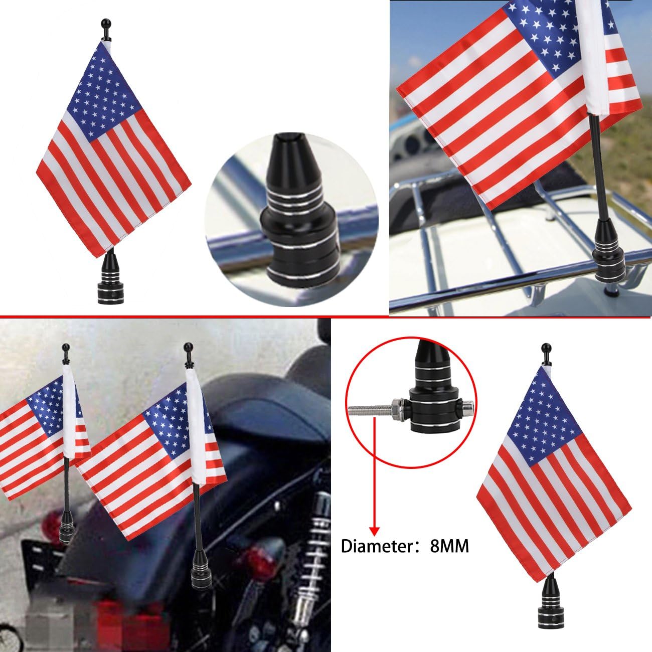 American Flag USA With Black Motorcycle Flag Pole Mount For Harley Davidson Honda Goldwing CB VTX CBR Yamaha - Fits 1/2" Round Luggage Rack