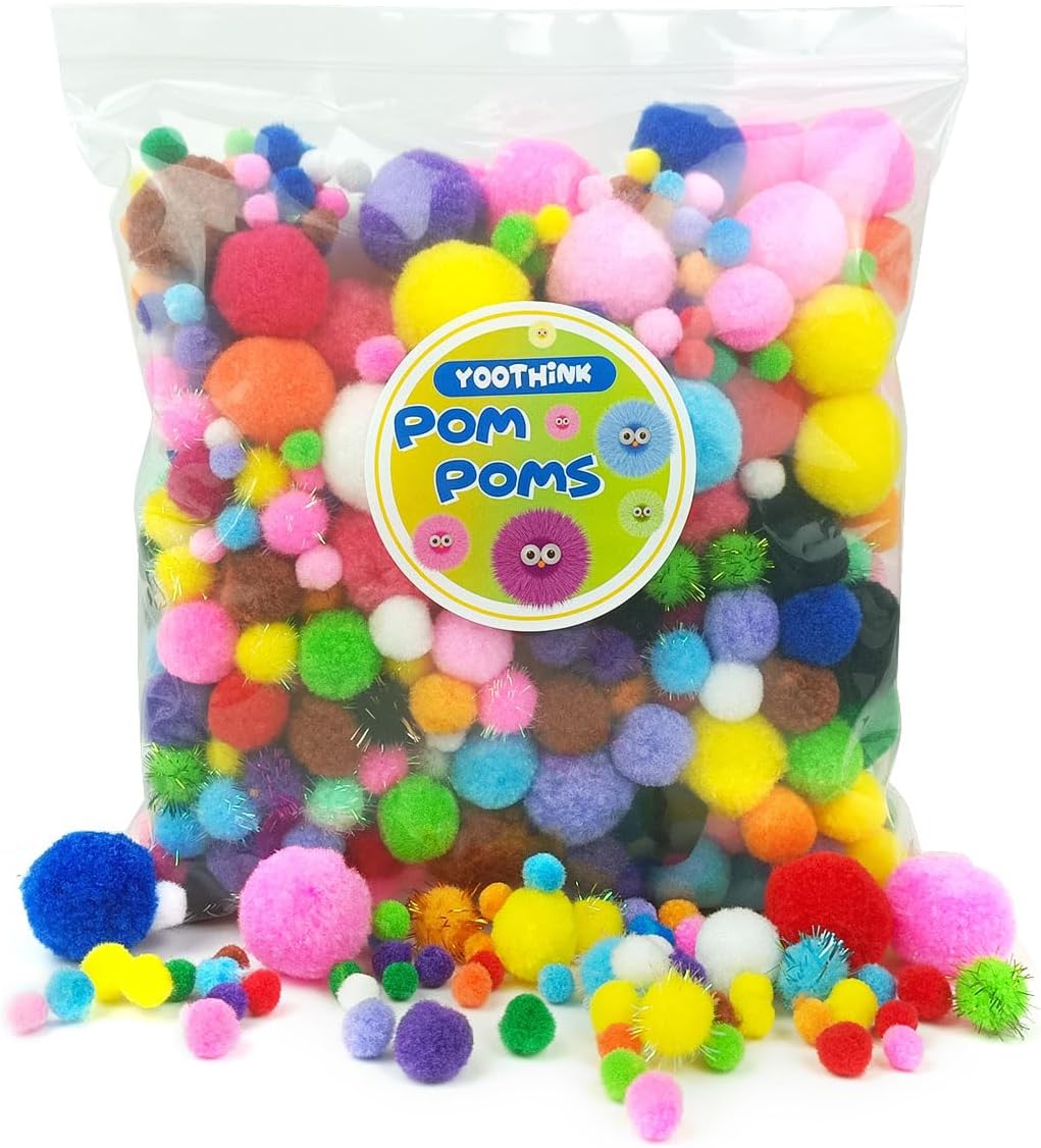 YooThink 1000pcs Multicolor Pom Pom Balls, 6 Sizes Pompoms for Arts and Craft Making Decorations