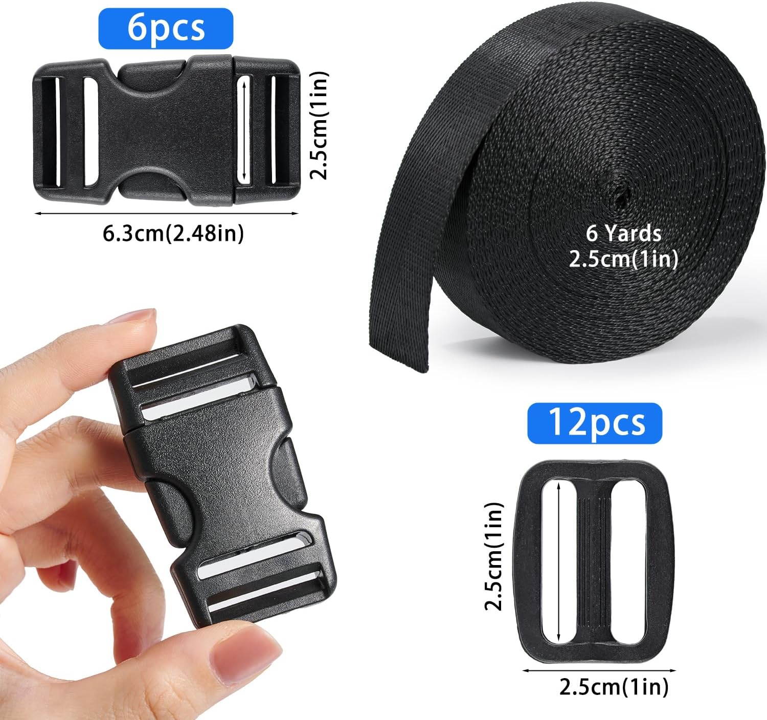 Buckles and Straps Set - 6Yards Nylon Webbing, 6pcs Release Buckles, 12pcs Tri-Glide Sliders for Backpack Strap