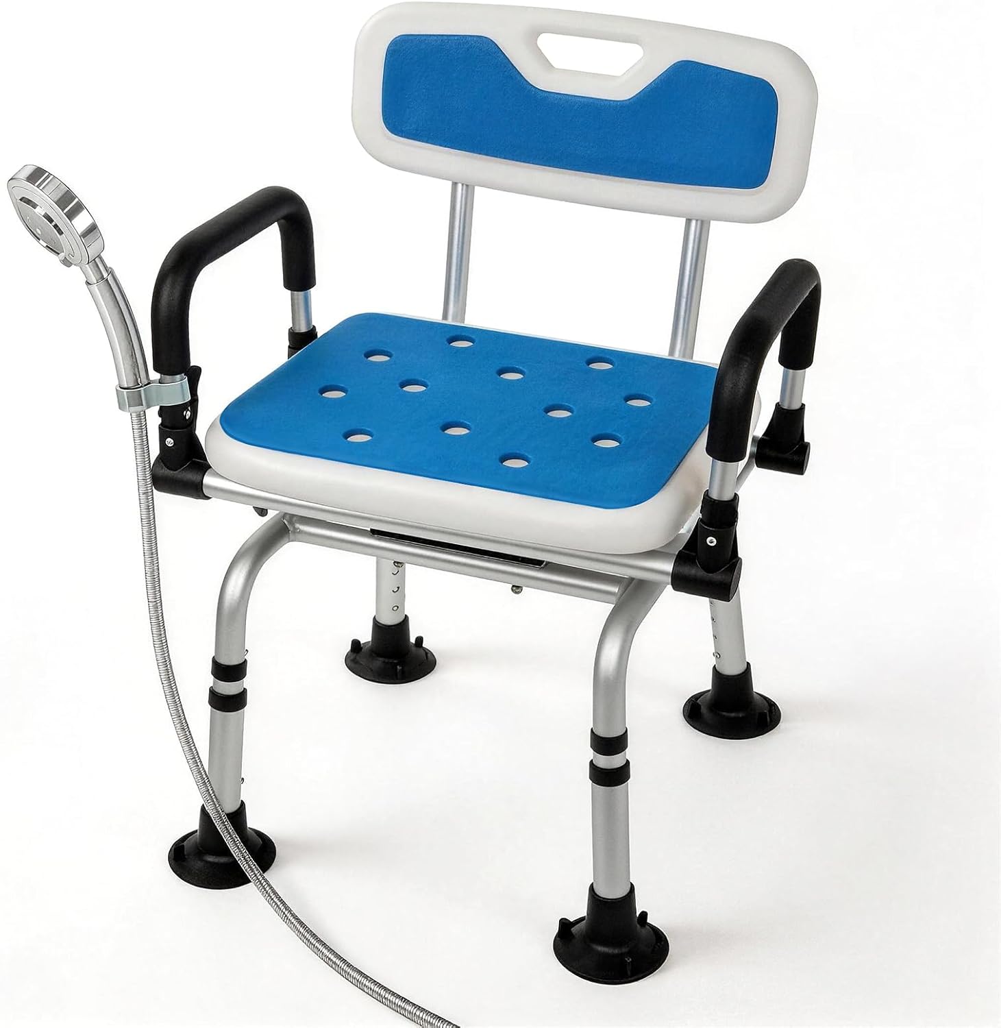 Swivel Shower Chair for Inside Shower with Pivoting Arms, 360° Rotating Bath Seat for Elderly and Disabled, Adjustable Height Heavy Duty Stool, Tool-Free Assembly