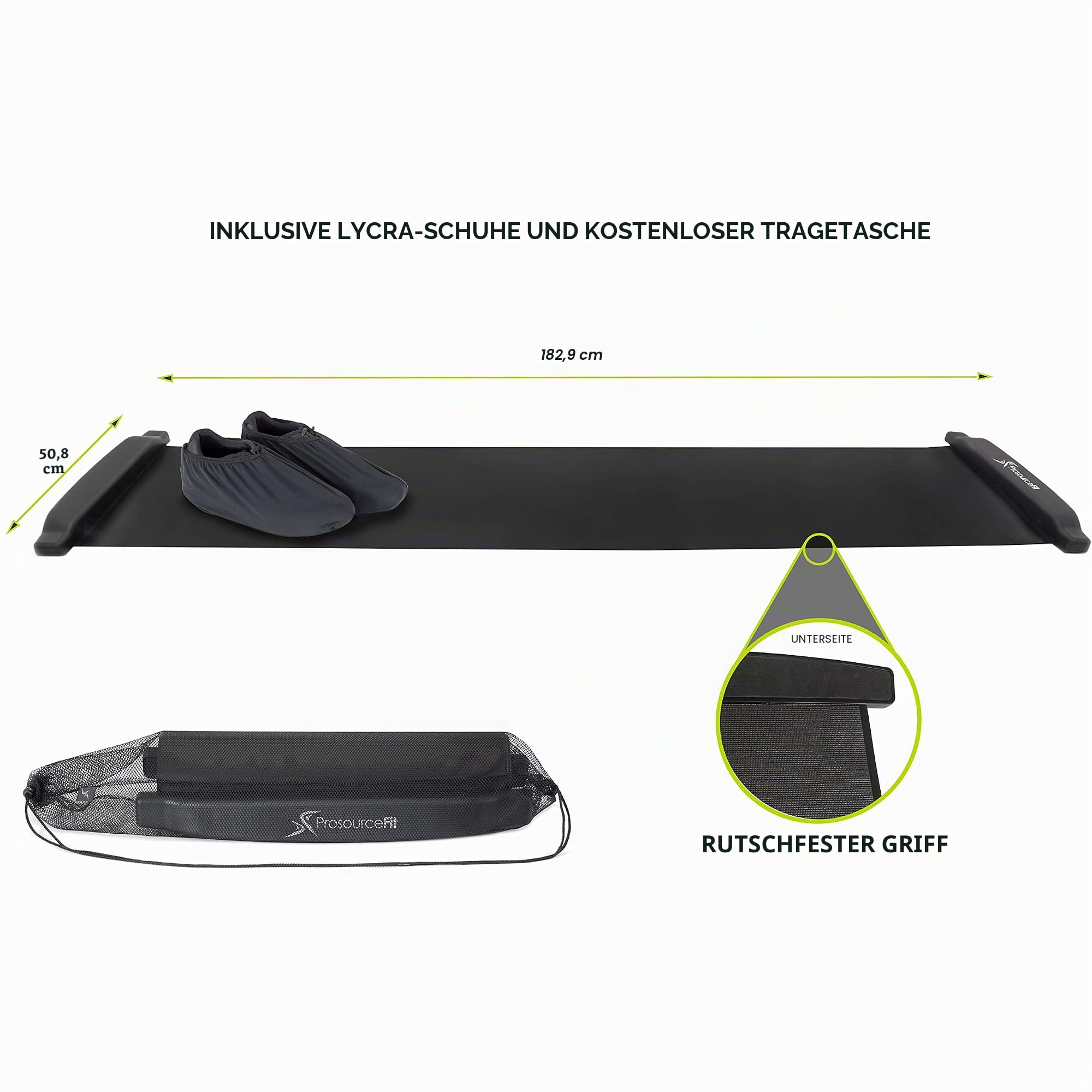 ProSourceFit Rutschbrett-Matte für Übungen, 1,8 m, mit Endstoppern, Booties und Tragetasche für Low-Impact Indoor Home Workouts und Sporttraining
