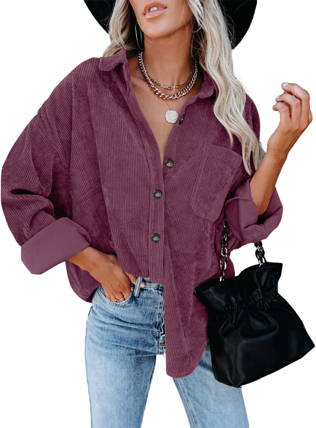 ZOLUCKY Womens Shackets Jacket Plus Size Long Sleeve Button Down Shirts Blouses Tops - Image 3