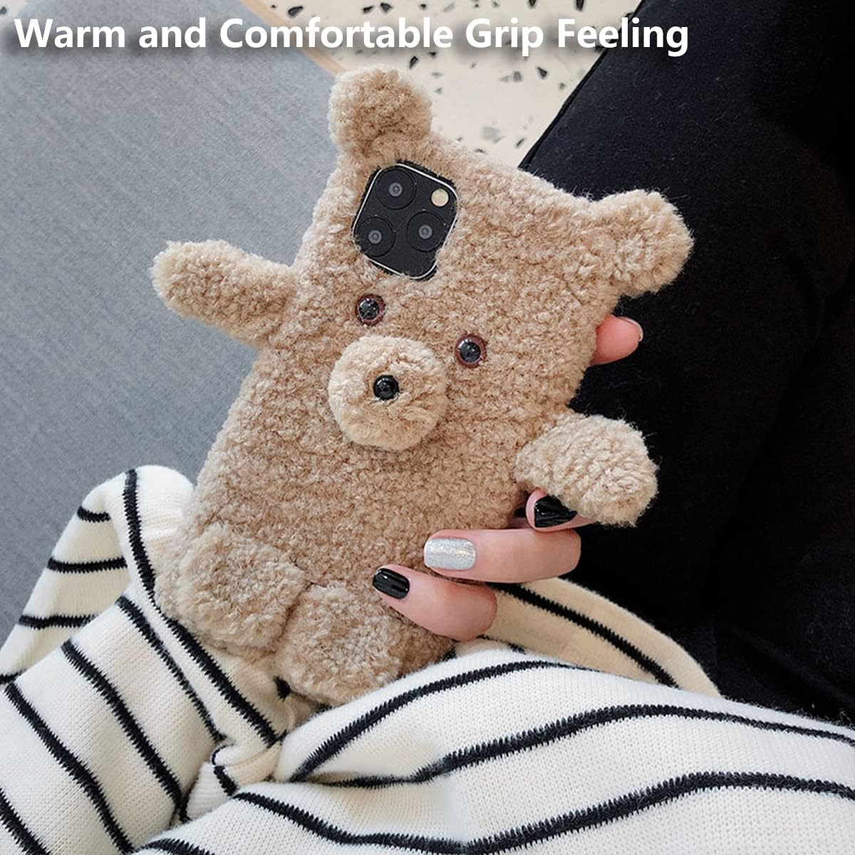 Plush Case for iPhone 15, Cute Fluffy Furry Bear Case with Soft TPU Inner Shell for Women Girls, Warm Plush Protective Case Shockproof Anti-Drop Phone Cover for Beige iPhone 15