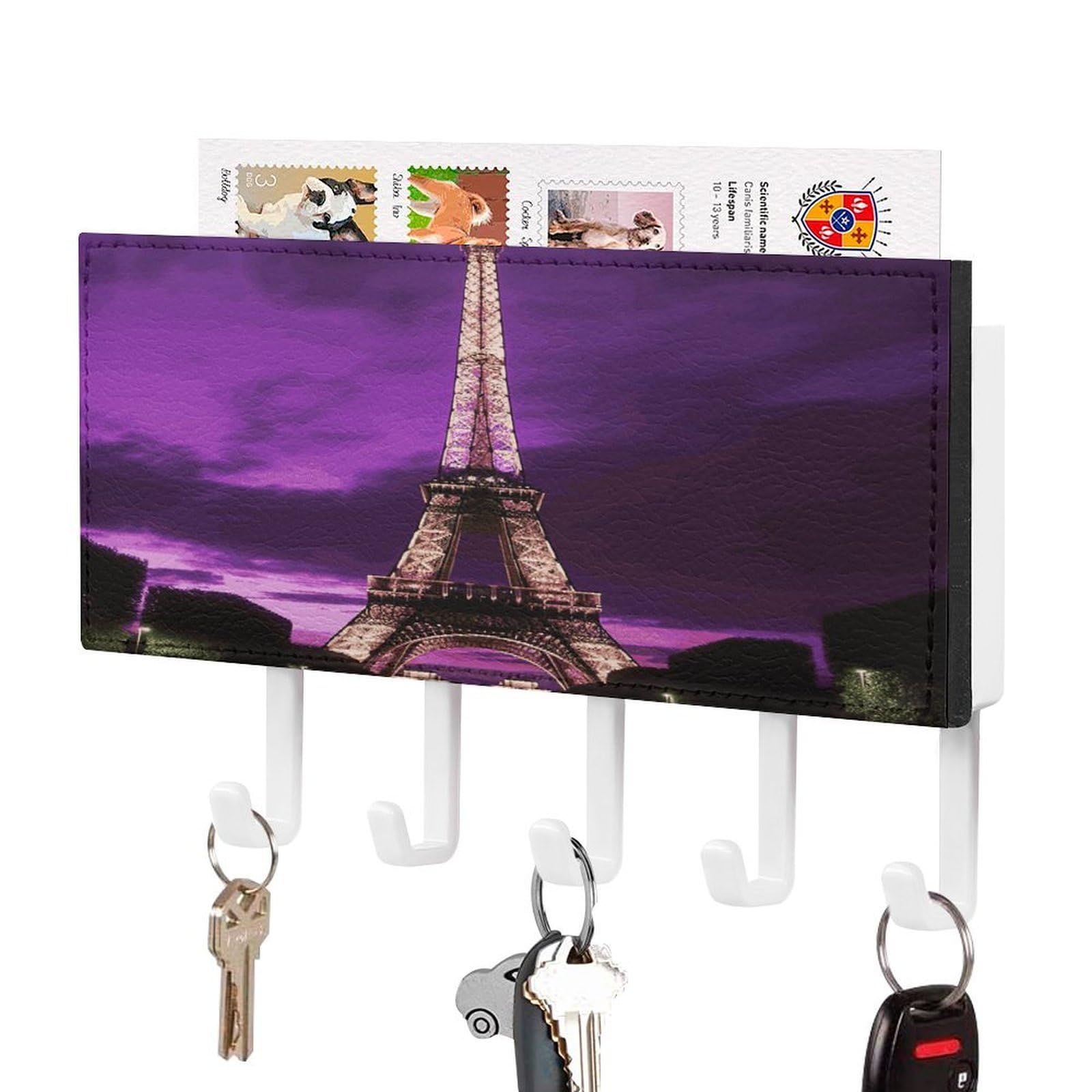 FekiLoot Purple Eiffel Tower Key Holder for Wall Decorative Mail Organizer with 5 Key Hook Self Adhesive Key Rack with Tray Coat Rack Wall Mount Key Hanger Decor for Entryway Door