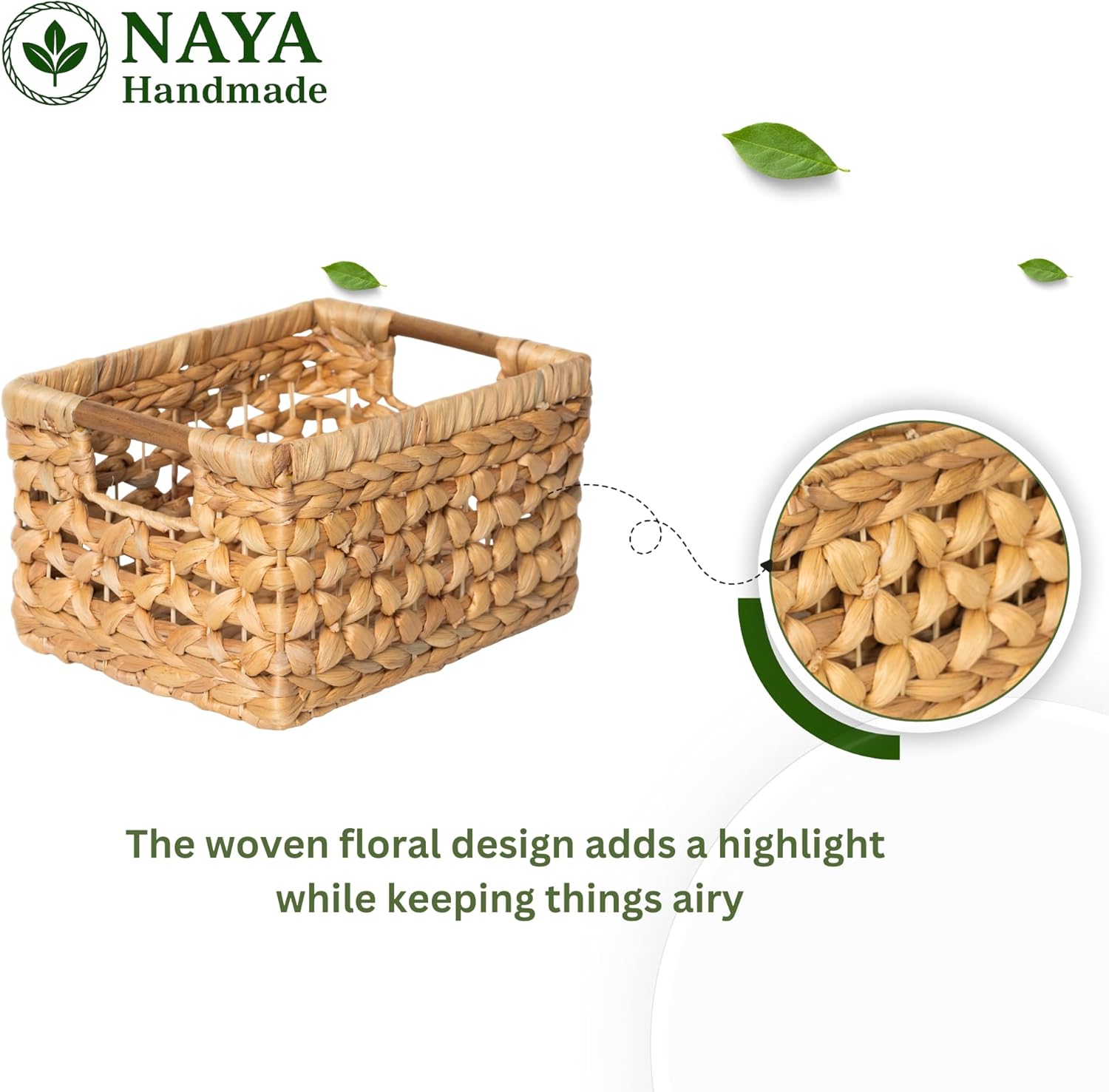 NAYA Shelf Baskets for Organizing, Set of 3 (11.6 x 8.8 x 6.9 in), Water Hyacinth Storage Baskets for Shelves with Wooden Handles, Wicker Bins for Closet, Pantry, Nursery & Living Room