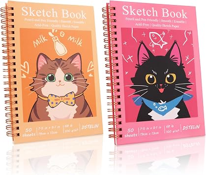 DSTELIN 2 Pack Hardcover Sketchbooks 100 GSM Sketch Paper, 7.5x5.1 Inch Spiral Sketch Book for Sketching, Drawing, Painting, 50 Sheets per Pack, Red and Yellow