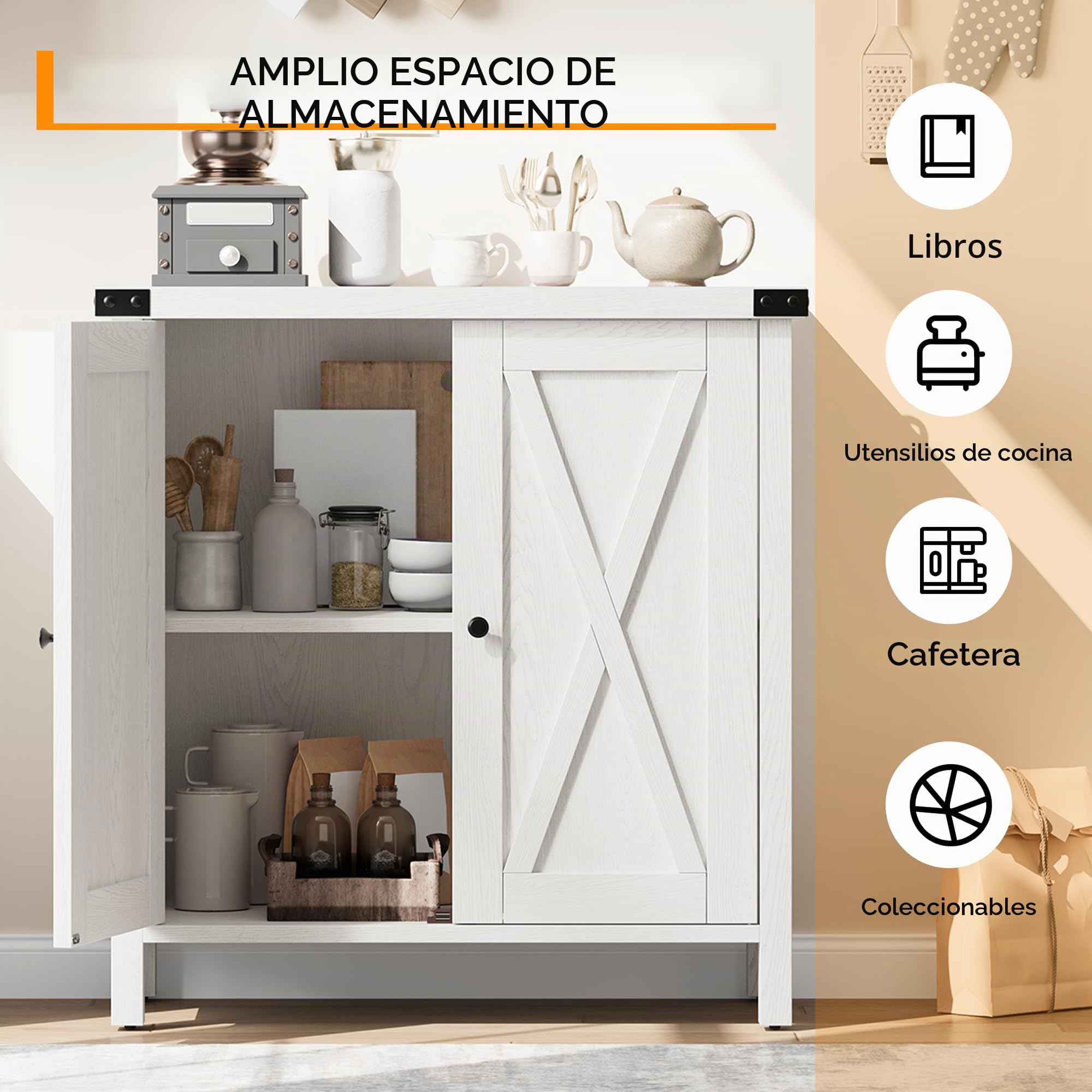 Zstar Mueble Bar De Café, Mueble De Cocina, Aparador Buffet Moderno De Estilo Rústico con Estante Ajustable, Gabinetes Decorativos con Puertas De Granero para Cocina, Comedor, Entrada