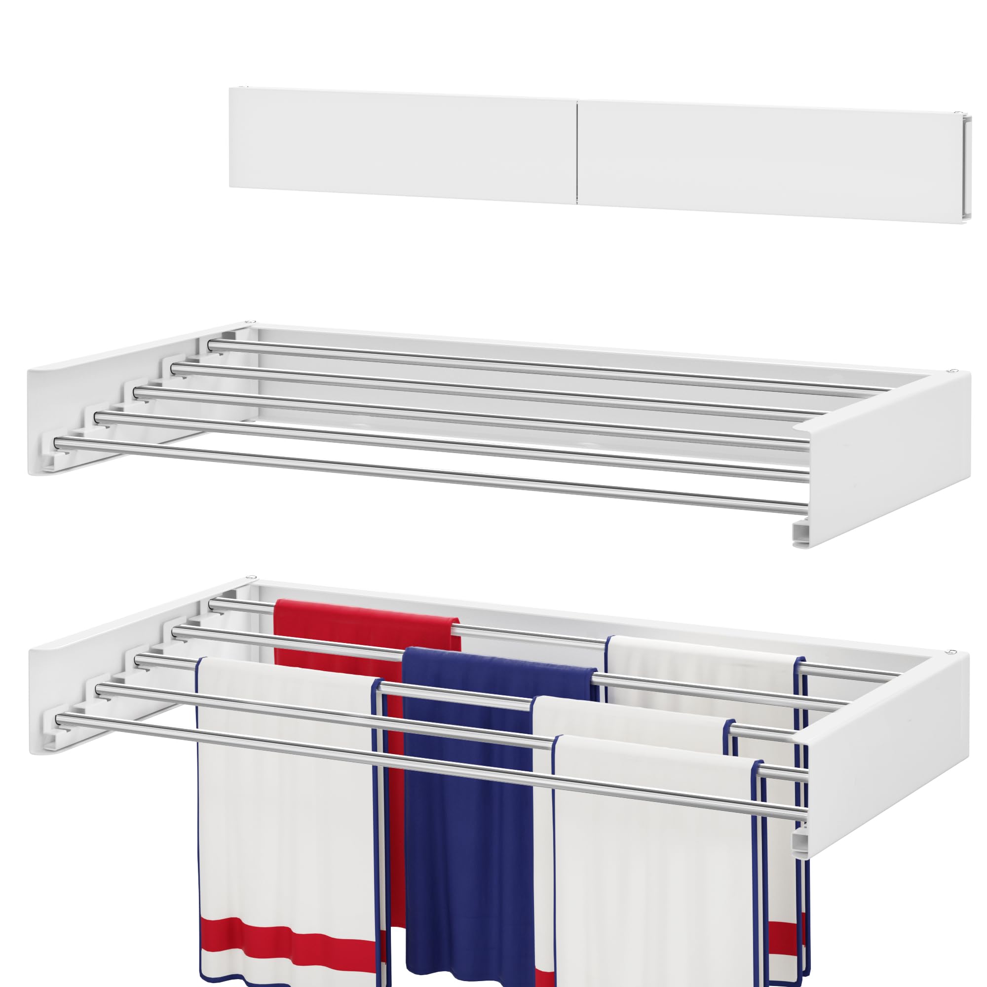 Wall Mounted Drying Rack 23.6", Foldable Laundry Drying Rack with Stainless Steel Rods, Retractable Laundry Space Saver for Indoor &amp; Outdoor Use, Include Wall Template