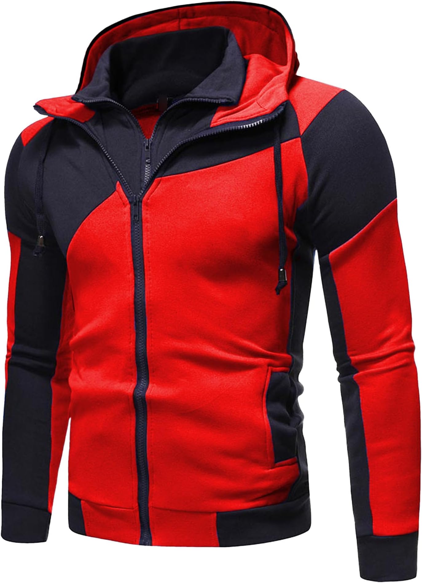 Men's Zip Up Fleece Hoodie Double Zipper Turtleneck Hooded Outerwear Lightweight Casual Sport Patchwork Coat