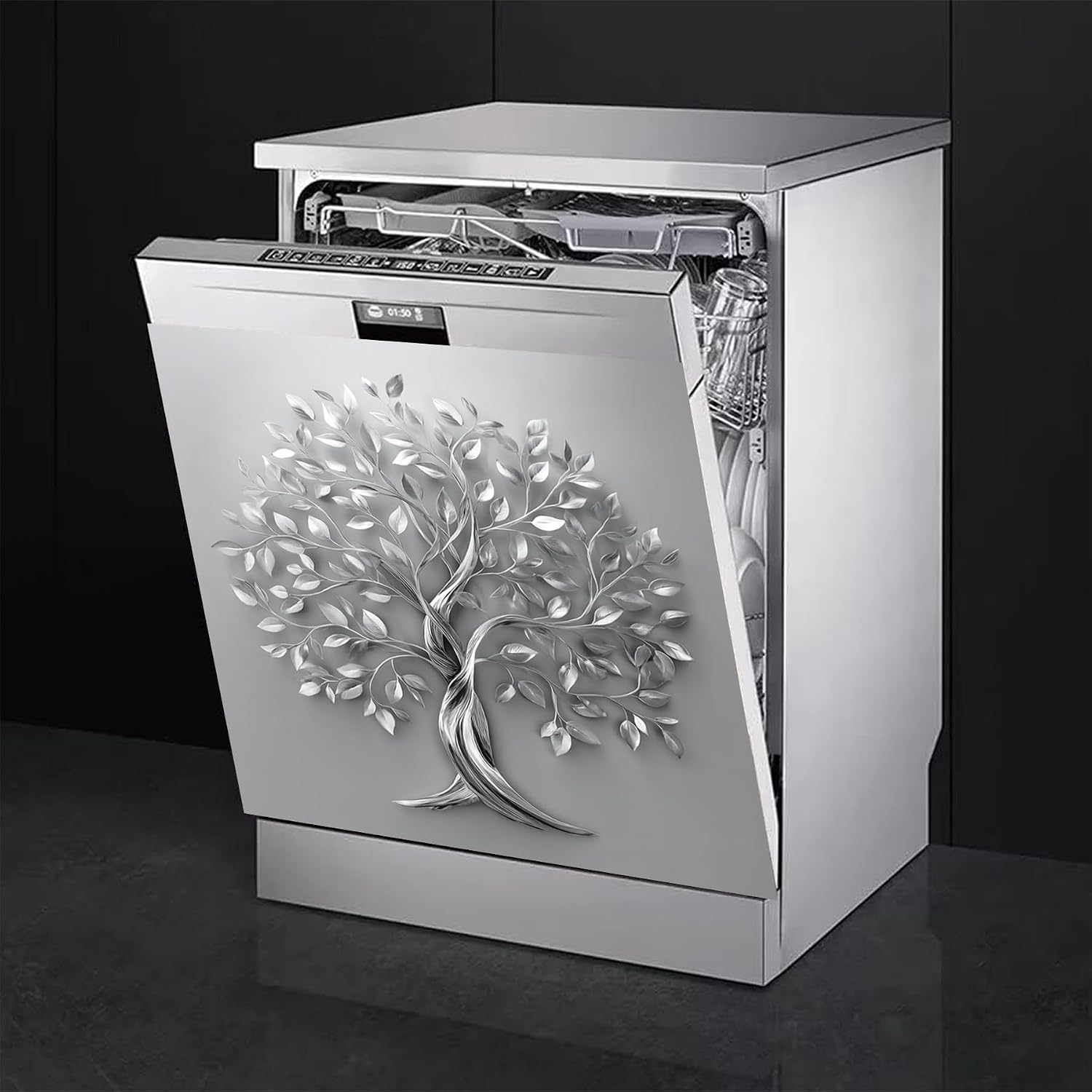 BVBOX Dishwasher Magnet Cover 23"x26", Reusable Magnetic Refrigerator Covers, Decorative Magnets Cover Fridge Door Skin Panel Stickers for Home Kitchen Appliance (Silver Tree of Life, 23"x26") image 5