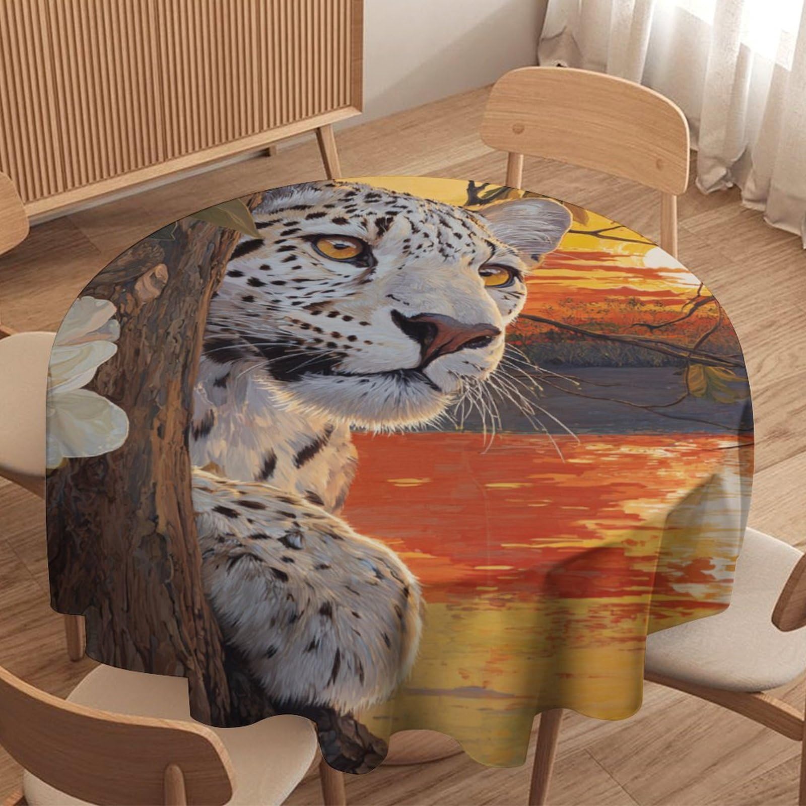 LUYYSKY Retro Realistic Elegant Leopard Round Tablecloth Classic Oil Painting Sunset Animals Cheetah Plants Magnolia Floral Washable Decor for Table Cover for Kitchen-127 Wx127 L cm