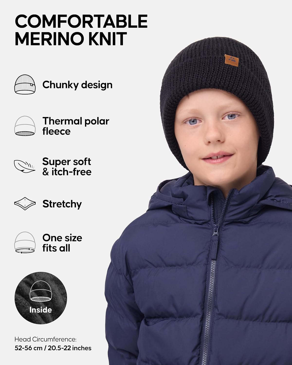 DANISH ENDURANCE Kids Beanie for Winter, Children's Merino Wool Fleece Lined Hat - Image 2